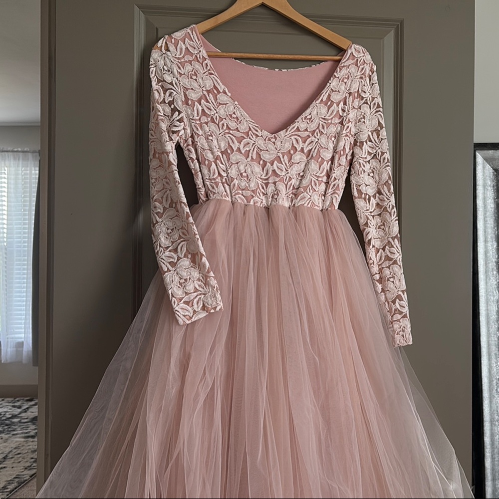 Pink Asymmetrical Gown with Long Sleeves and V-Neck